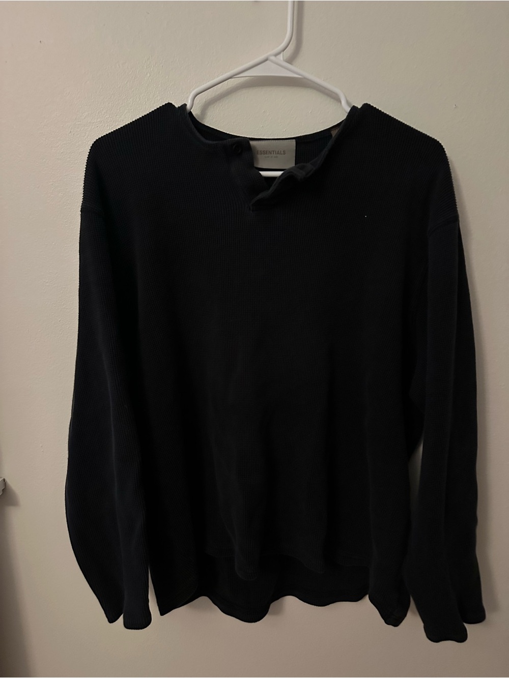 Essentials Black Waffle-Knit Notch Crew Long Sleeve